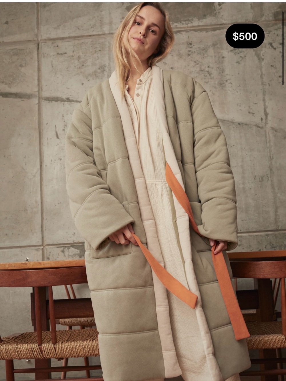 Cozy Quilted Robe Coat in Light Sage with Cream Lining